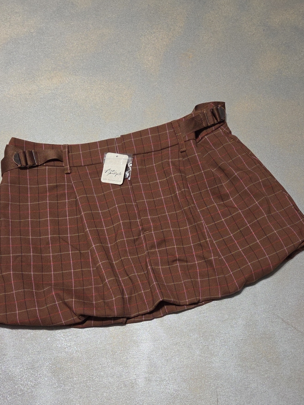 Free People Brown Mini Skirt with Pink Windowpane Plaid Tag $98.00